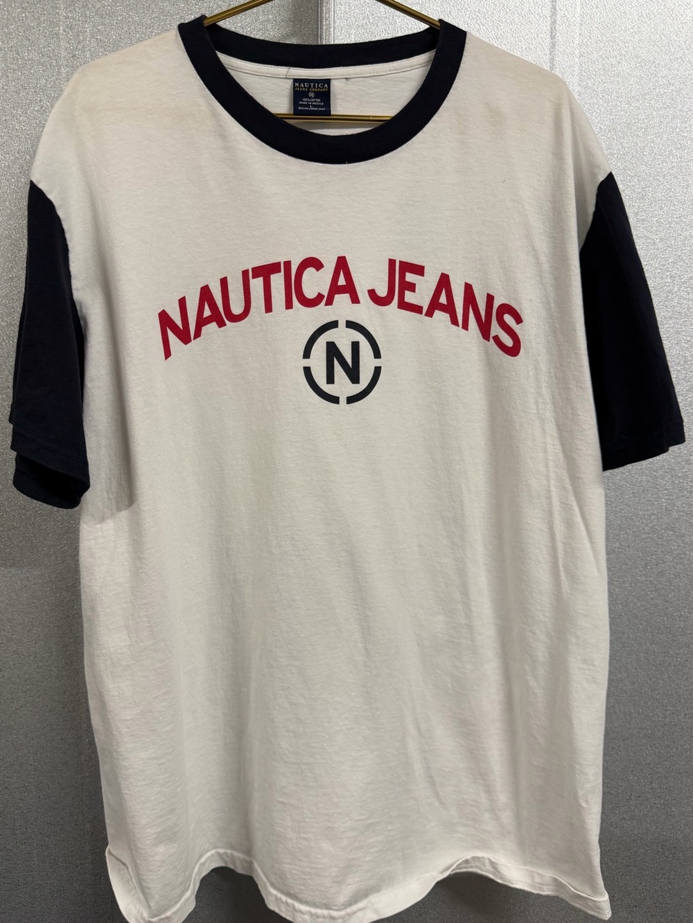 Nautica Jeans Spellout Ringer Tee White Navy Graphic Shirt XL